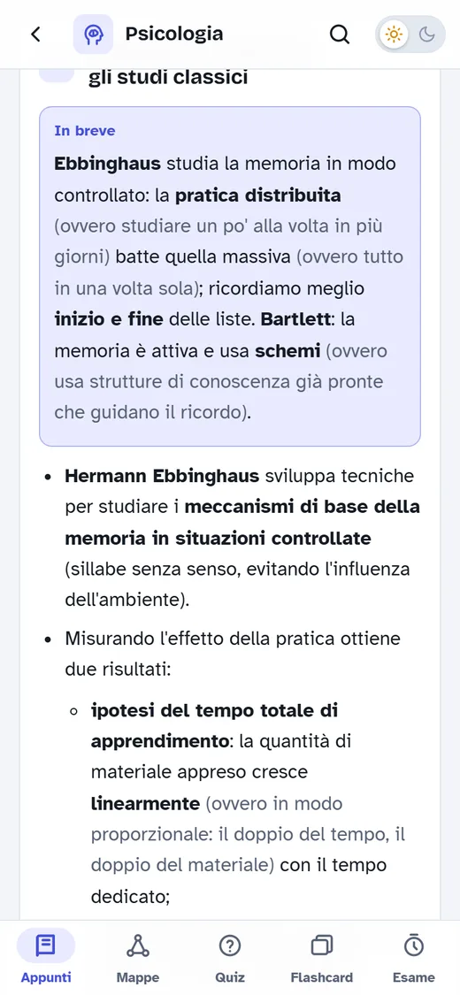 Un paragrafo di appunti con il riquadro In breve e le parole chiave in grassetto