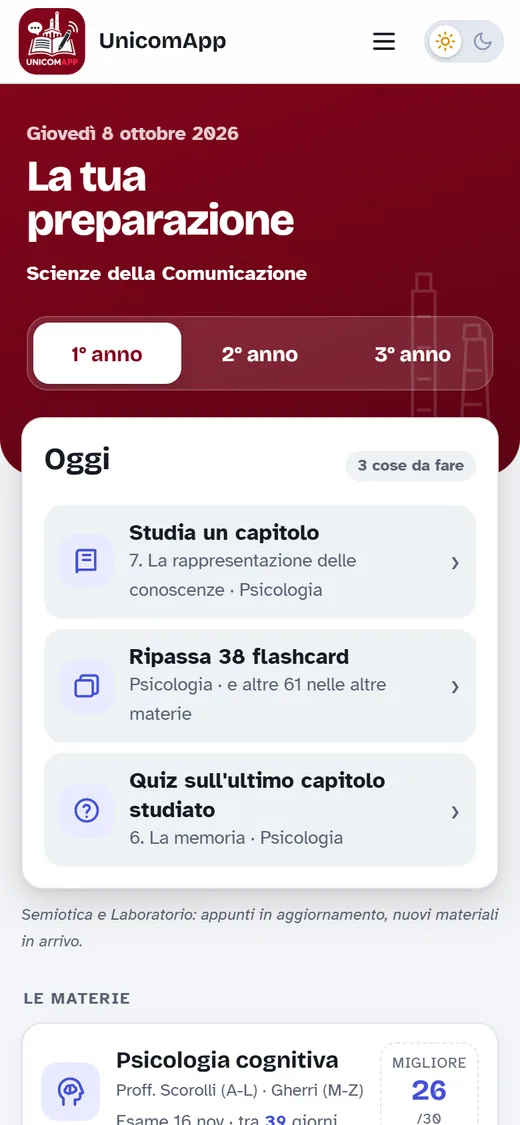 La schermata iniziale di UnicomApp: le cose da fare oggi e le materie del primo anno