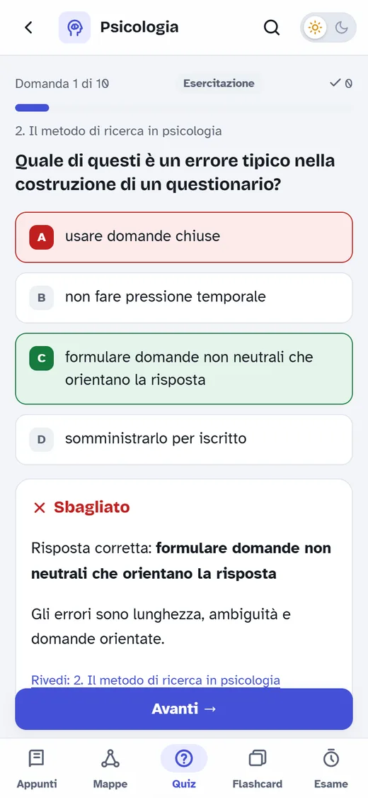 Una domanda di quiz corretta: risposta giusta in verde, spiegazione e collegamento al paragrafo